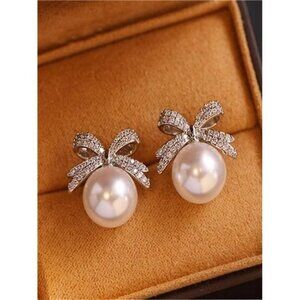 Silver Pearl Rhinestone Bow Decor Stud Earrings For Women Jewelry Gift